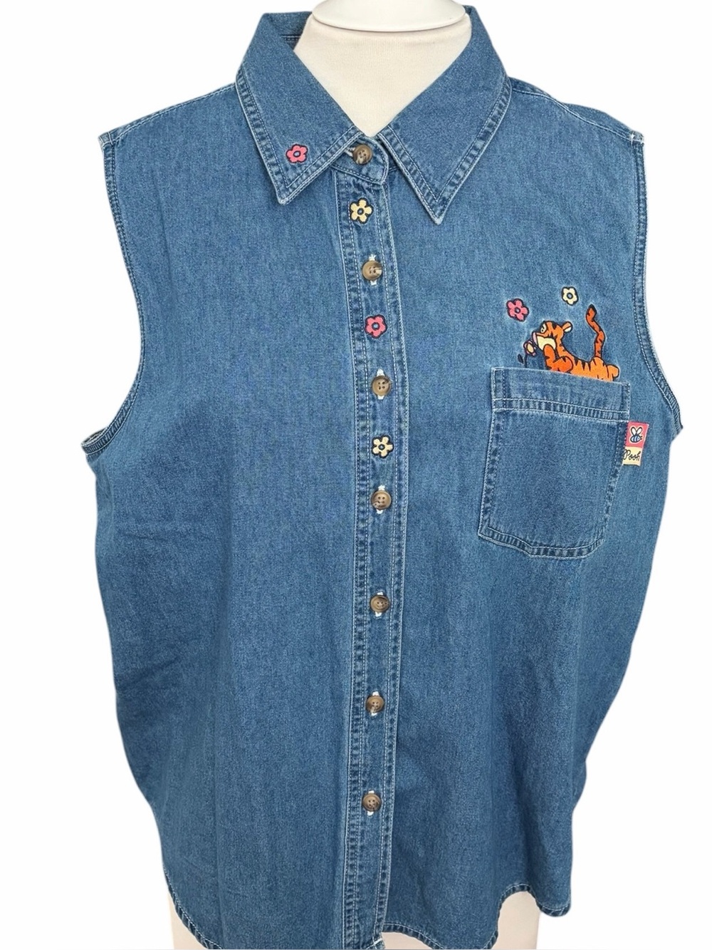 Vtg Denim Disney Jean Vest Size XL Sleeveless Cotton Embroidered POOH